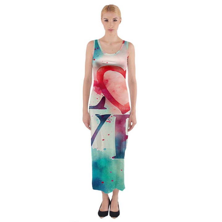 Valentines Day Heart Watercolor Background Fitted Maxi Dress