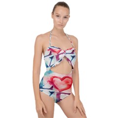 Valentines Day Heart Watercolor Background Scallop Top Cut Out Swimsuit by artworkshop