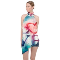 Valentines Day Heart Watercolor Background Halter Asymmetric Satin Top by artworkshop