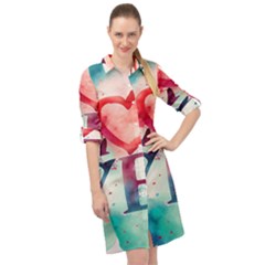 Valentines Day Heart Watercolor Background Long Sleeve Mini Shirt Dress by artworkshop