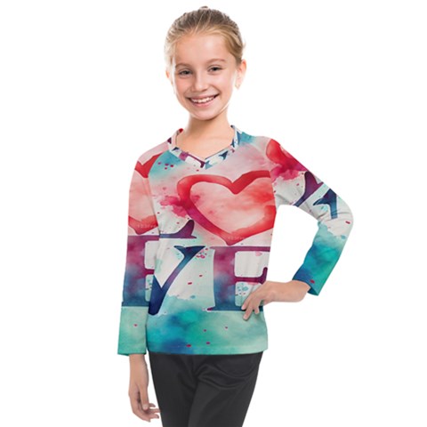 Valentines Day Heart Watercolor Background Kids  Long Mesh Tee by artworkshop