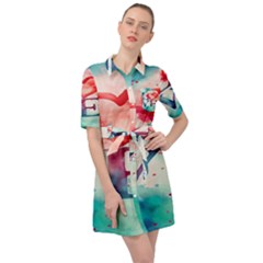 Valentines Day Heart Watercolor Background Belted Shirt Dress by artworkshop