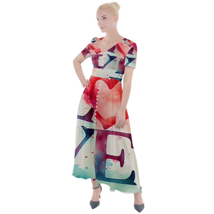 Valentines Day Heart Watercolor Background Button Up Short Sleeve Maxi Dress