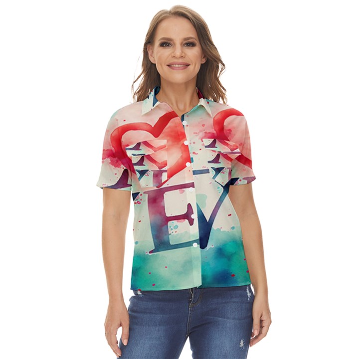 Valentines Day Heart Watercolor Background Women s Short Sleeve Double Pocket Shirt