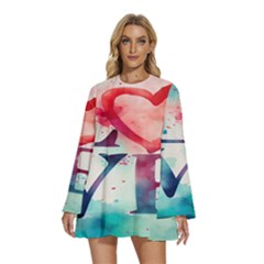 Valentines Day Heart Watercolor Background Round Neck Long Sleeve Bohemian Style Chiffon Mini Dress