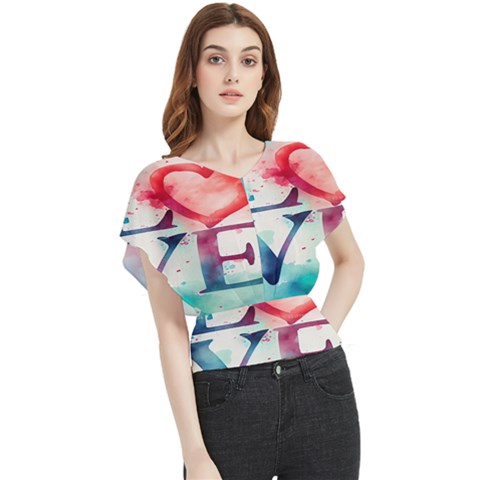 Valentines Day Heart Watercolor Background Butterfly Chiffon Blouse by artworkshop