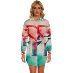 Valentines Day Heart Watercolor Background Womens Long Sleeve Shirt Dress