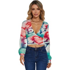 Valentines Day Heart Watercolor Background Long Sleeve Deep-v Velour Top