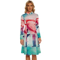 Valentines Day Heart Watercolor Background Long Sleeve Shirt Collar A-line Dress by artworkshop