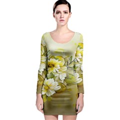 Watercolor Yellow And-white Flower Background Long Sleeve Bodycon Dress by artworkshop