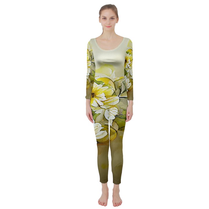 Watercolor Yellow And-white Flower Background Long Sleeve Catsuit