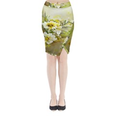 Watercolor Yellow And-white Flower Background Midi Wrap Pencil Skirt