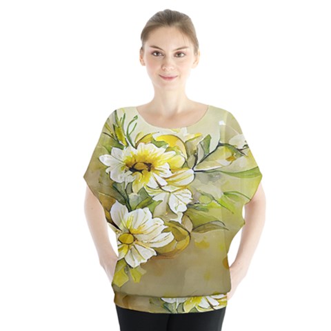 Watercolor Yellow And-white Flower Background Batwing Chiffon Blouse by artworkshop