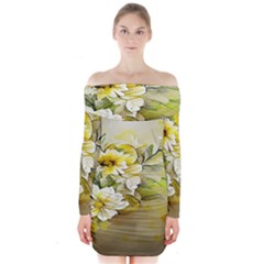 Watercolor Yellow And-white Flower Background Long Sleeve Off Shoulder Dress by artworkshop