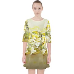 Watercolor Yellow And-white Flower Background Quarter Sleeve Pocket Dress