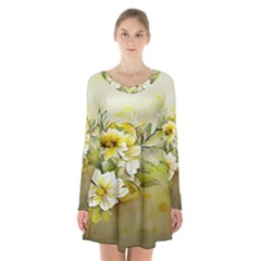 Watercolor Yellow And-white Flower Background Long Sleeve Velvet V-neck Dress