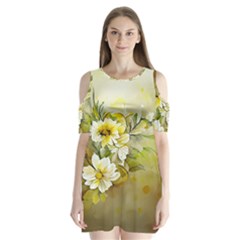 Watercolor Yellow And-white Flower Background Shoulder Cutout Velvet One Piece