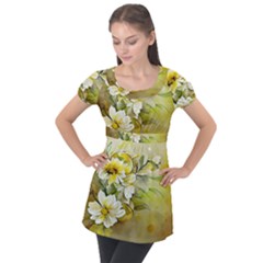 Watercolor Yellow And-white Flower Background Puff Sleeve Tunic Top by artworkshop