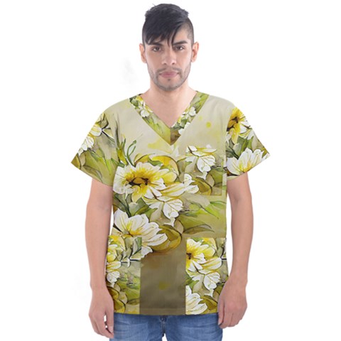 Watercolor Yellow And-white Flower Background Men s V-neck Scrub Top by artworkshop