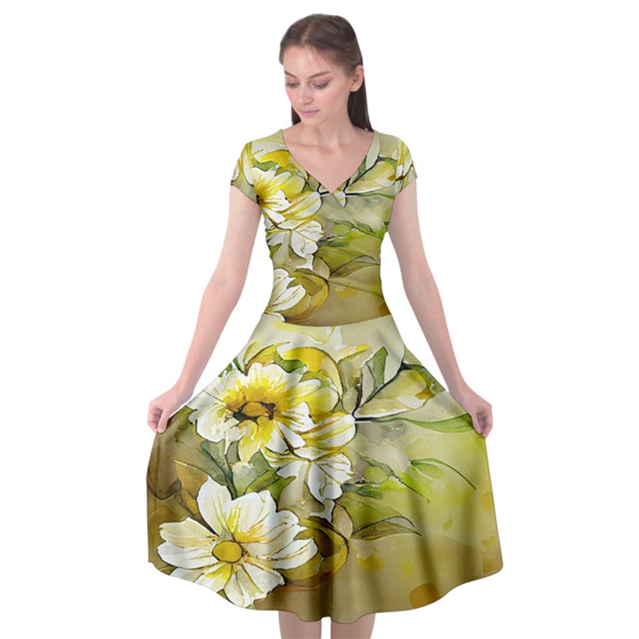 Watercolor Yellow And-white Flower Background Cap Sleeve Wrap Front Dress