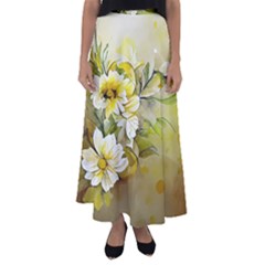 Watercolor Yellow And-white Flower Background Flared Maxi Skirt