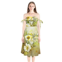 Watercolor Yellow And-white Flower Background Shoulder Tie Bardot Midi Dress