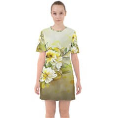 Watercolor Yellow And-white Flower Background Sixties Short Sleeve Mini Dress by artworkshop