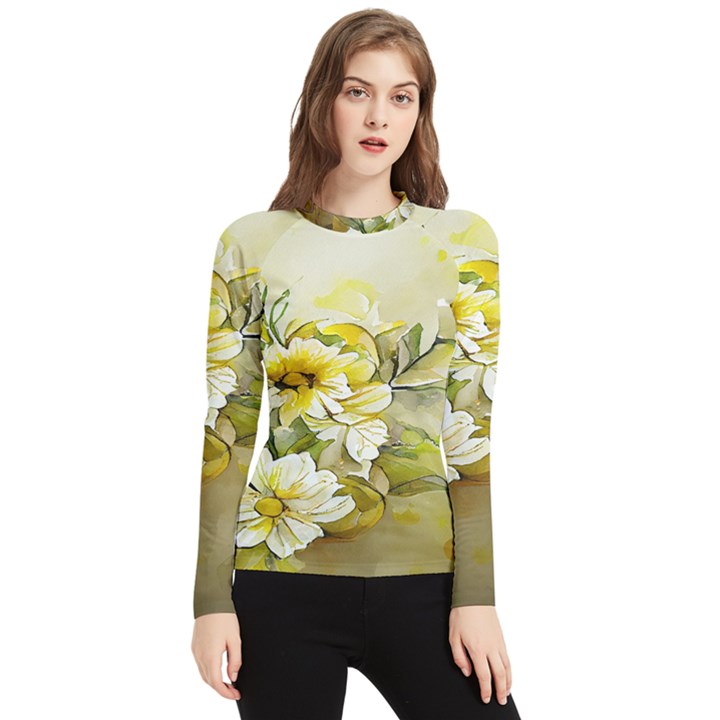 Watercolor Yellow And-white Flower Background Women s Long Sleeve Rash Guard