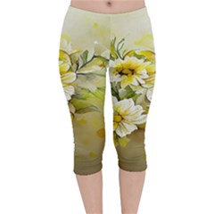 Watercolor Yellow And-white Flower Background Velvet Capri Leggings  by artworkshop