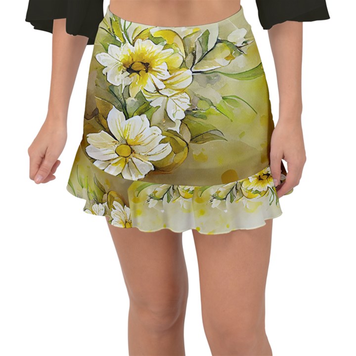 Watercolor Yellow And-white Flower Background Fishtail Mini Chiffon Skirt