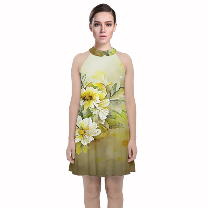 Watercolor Yellow And-white Flower Background Velvet Halter Neckline Dress 