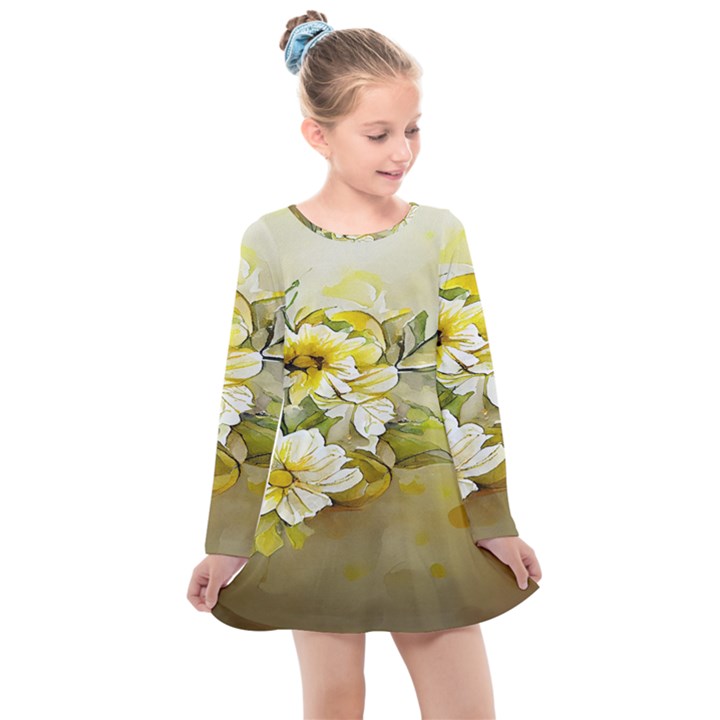 Watercolor Yellow And-white Flower Background Kids  Long Sleeve Dress