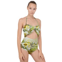 Watercolor Yellow And-white Flower Background Scallop Top Cut Out Swimsuit