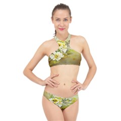 Watercolor Yellow And-white Flower Background High Neck Bikini Set by artworkshop