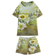 Watercolor Yellow And-white Flower Background Kids  Swim Tee And Shorts Set by artworkshop