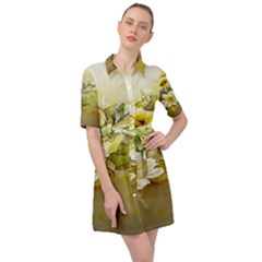 Watercolor Yellow And-white Flower Background Belted Shirt Dress