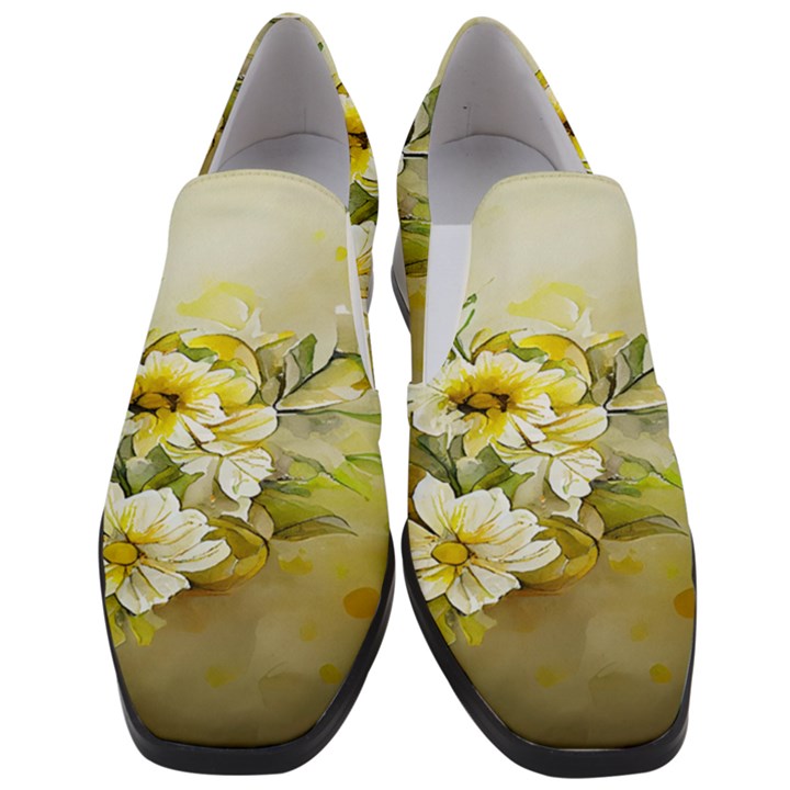 Watercolor Yellow And-white Flower Background Women Slip On Heel Loafers