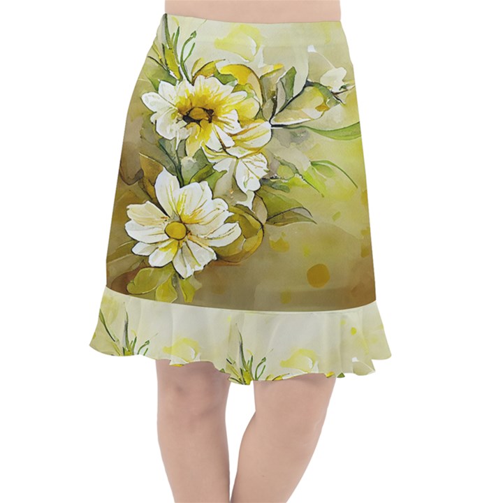 Watercolor Yellow And-white Flower Background Fishtail Chiffon Skirt