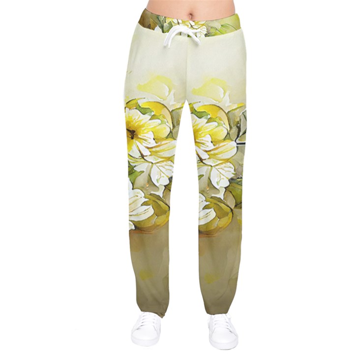 Watercolor Yellow And-white Flower Background Women Velvet Drawstring Pants