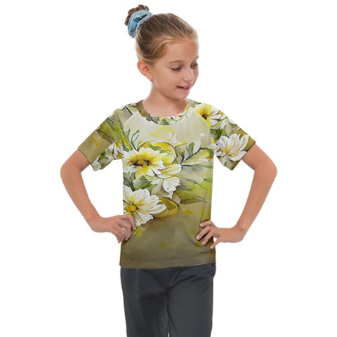 Watercolor Yellow And-white Flower Background Kids  Mesh Piece Tee by artworkshop