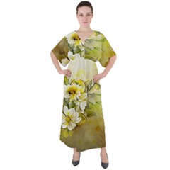 Watercolor Yellow And-white Flower Background V-neck Boho Style Maxi Dress by artworkshop