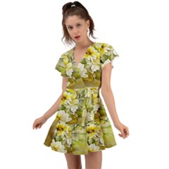 Watercolor Yellow And-white Flower Background Flutter Sleeve Wrap Dress