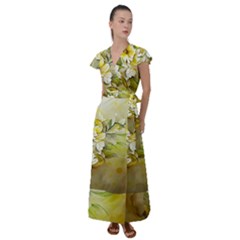 Watercolor Yellow And-white Flower Background Flutter Sleeve Maxi Dress by artworkshop