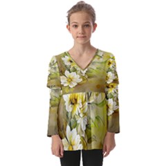 Watercolor Yellow And-white Flower Background Kids  V Neck Casual Top