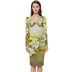 Watercolor Yellow And-white Flower Background Long Sleeve V-neck Bodycon Dress  by artworkshop