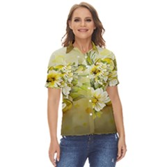 Watercolor Yellow And-white Flower Background Women s Short Sleeve Double Pocket Shirt