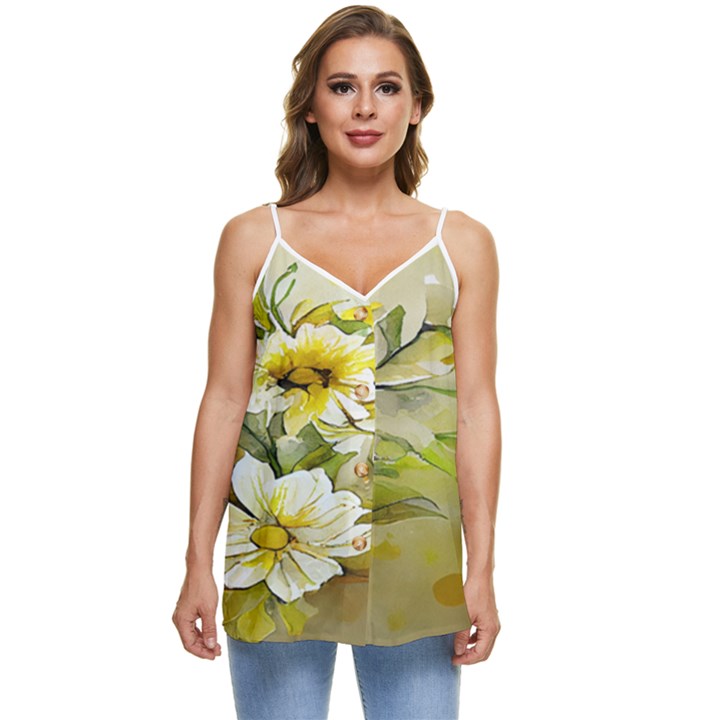 Watercolor Yellow And-white Flower Background Casual Spaghetti Strap Chiffon Top