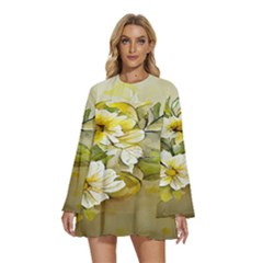 Watercolor Yellow And-white Flower Background Round Neck Long Sleeve Bohemian Style Chiffon Mini Dress