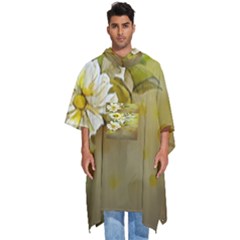 Watercolor Yellow And-white Flower Background Men s Hooded Rain Ponchos