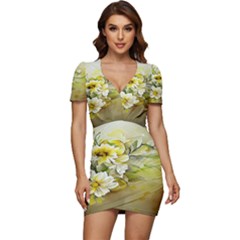 Watercolor Yellow And-white Flower Background Low Cut Cap Sleeve Mini Dress